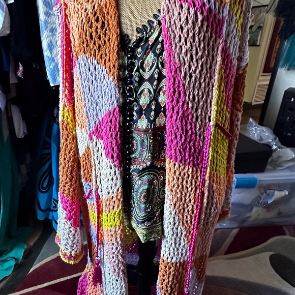 Free People Chasing Rainbows Tropical Combo Open Front Knit Maxi Cardi Kimono - Picture 8 of 14